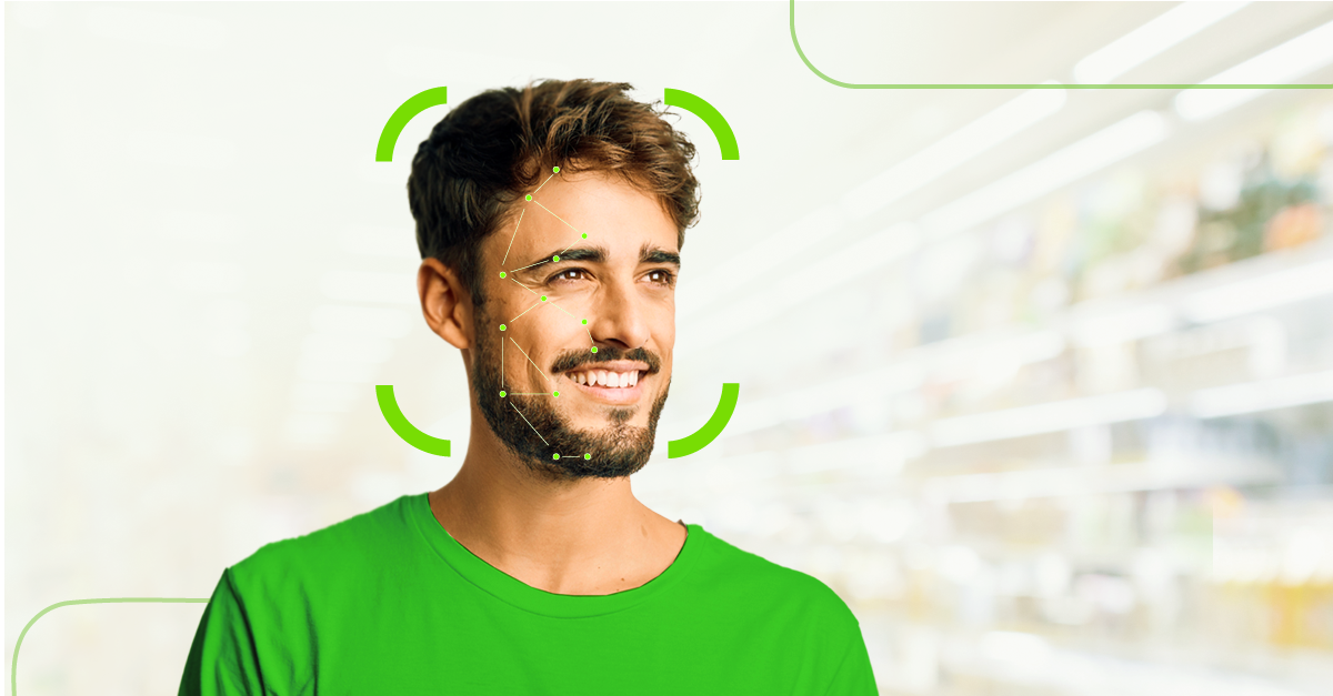 Homem com camiseta verde e iconografia em seu rosto representando o reconhecimento facial.